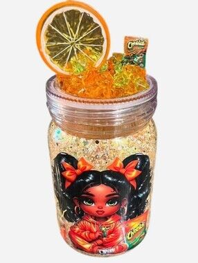 Handcrafted Cheetos Chips 20oz Mason Jar Glitter Mug Tumbler Cartoon Girl Orange